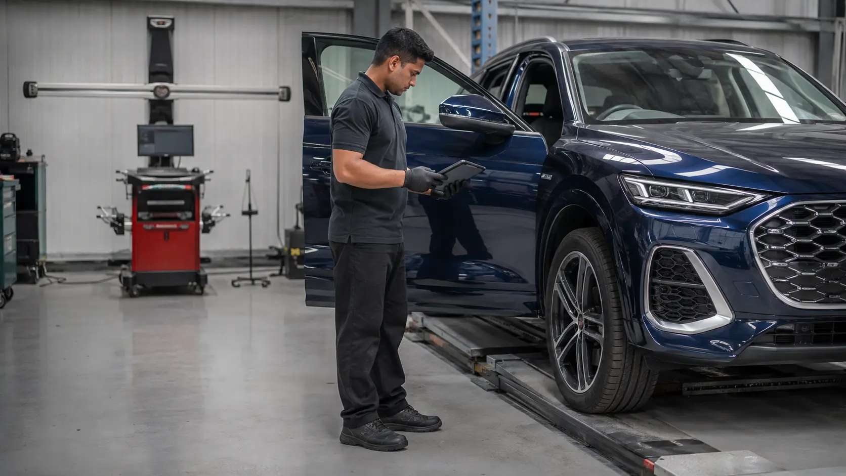 Current Audi Q5 at a steering diagnostic intake in an independent Dubai workshop