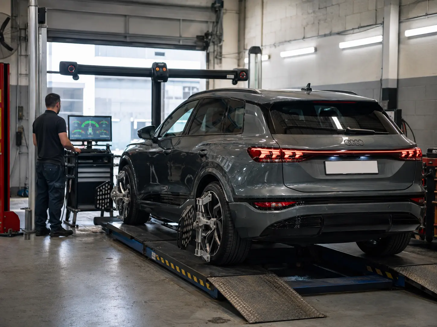 Current Audi Q6 e-tron on an alignment bay for steering-angle verification