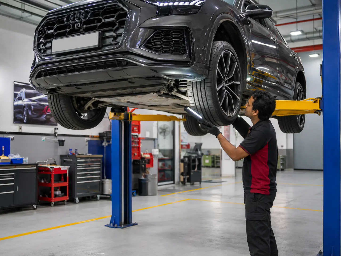 Technician inspecting steering linkage and front suspension on a current Audi Q8