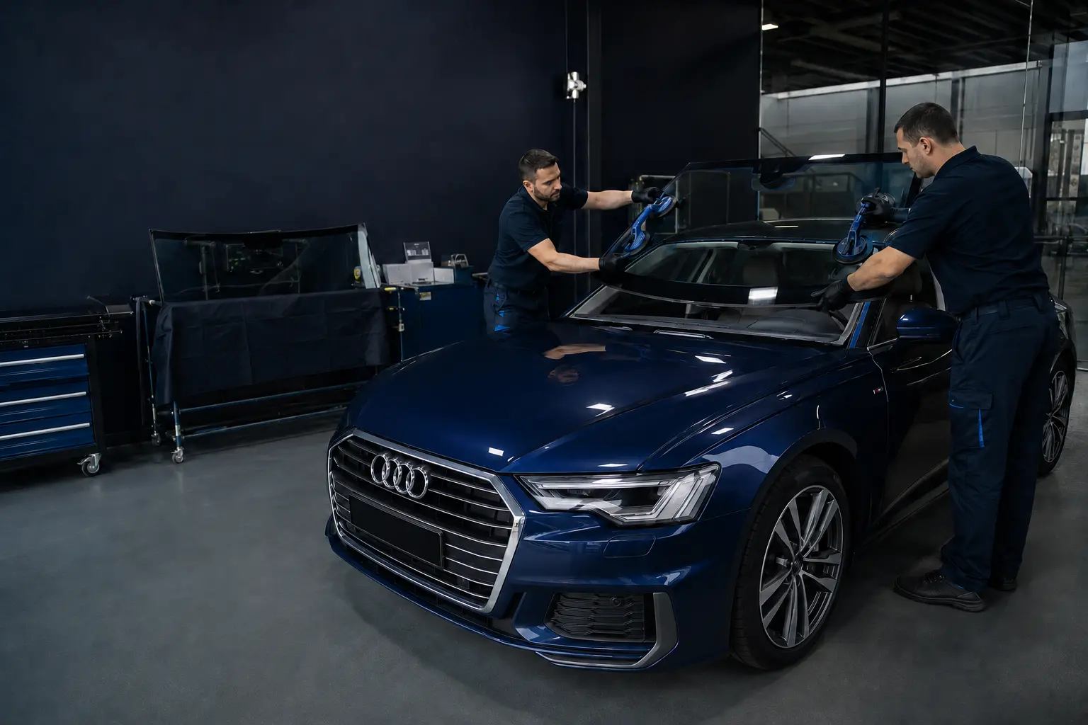 Two technicians installing a windscreen on a dark blue Audi in a workshop