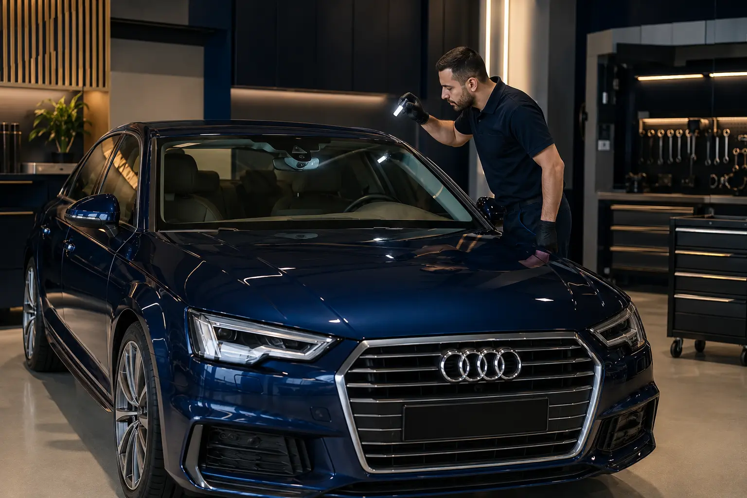 Technician inspecting the windscreen sensor area on a dark blue Audi in a workshop