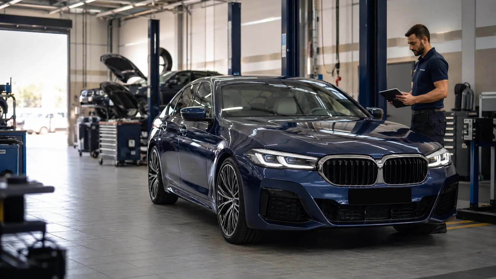 Current BMW 5 Series arriving for diagnostic intake at an independent Dubai workshop