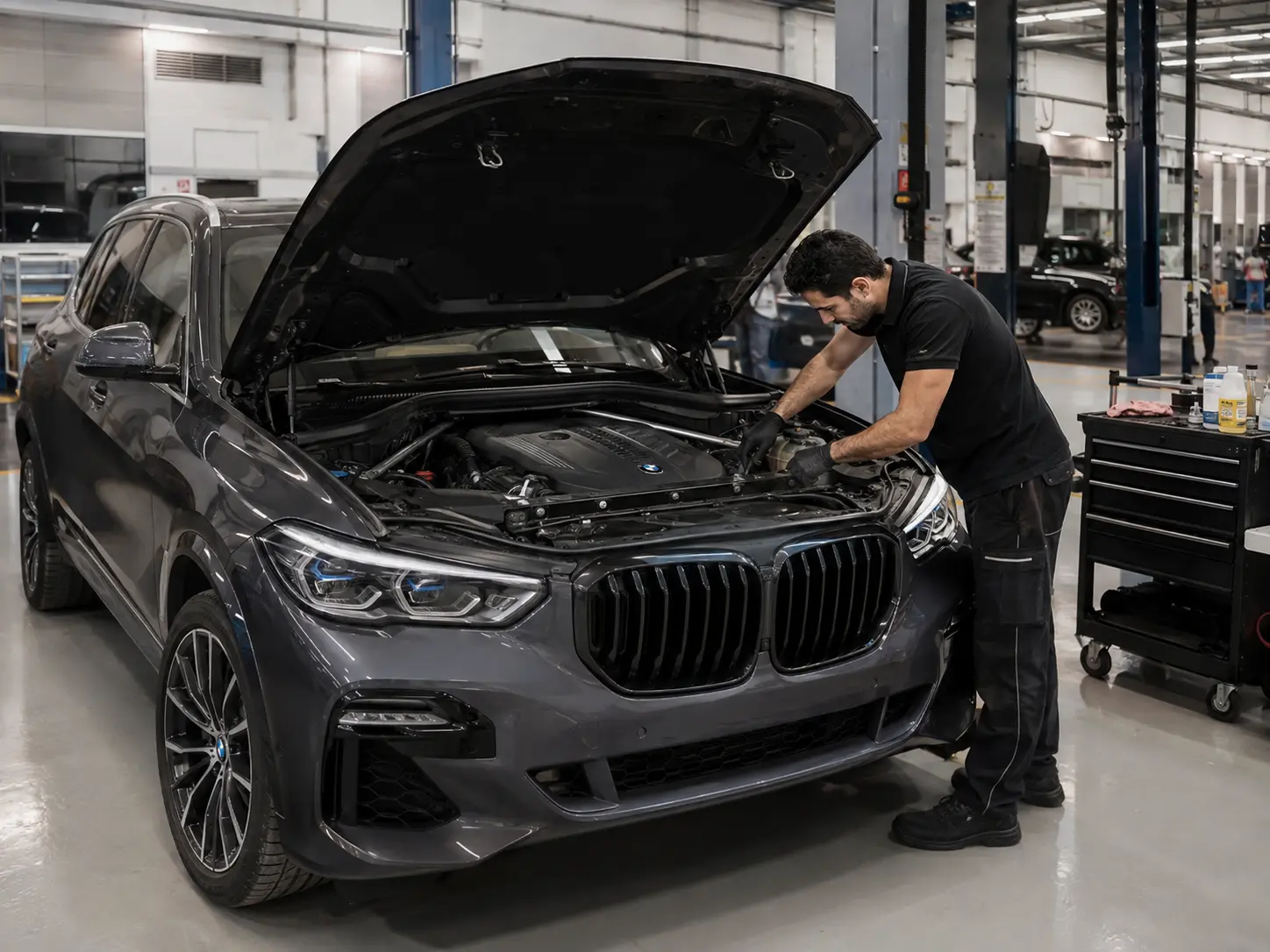 Technician inspecting the engine bay of a current BMW X5