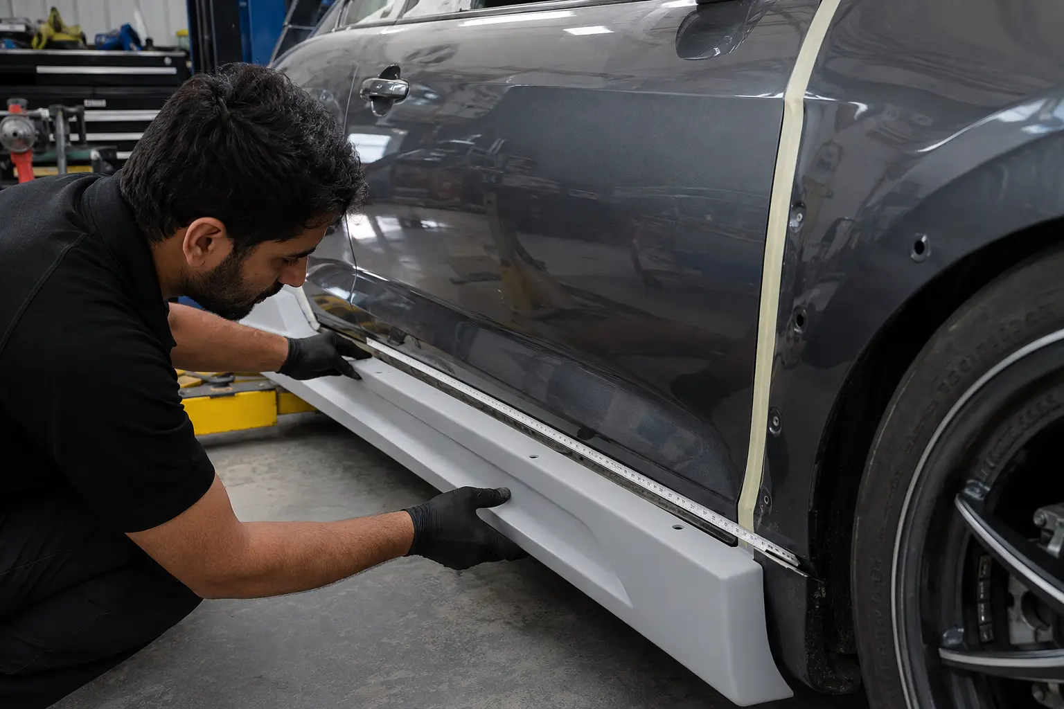 Technician measuring body kit side skirt fitment before installation