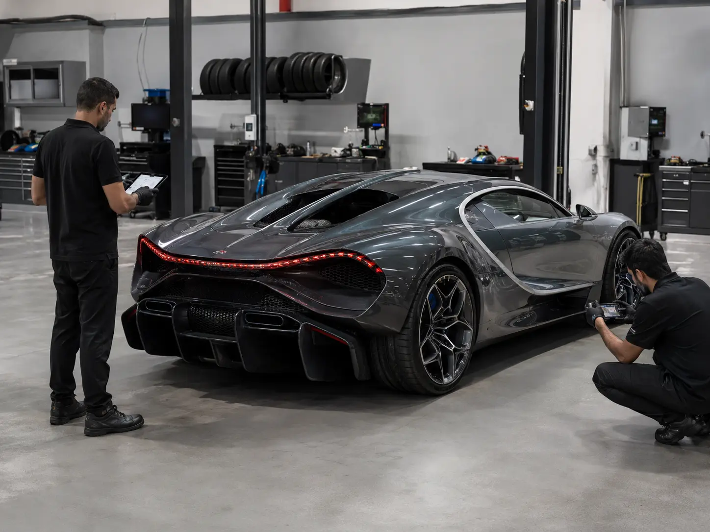 Silver Bugatti Tourbillon viewed from the rear in a workshop scene