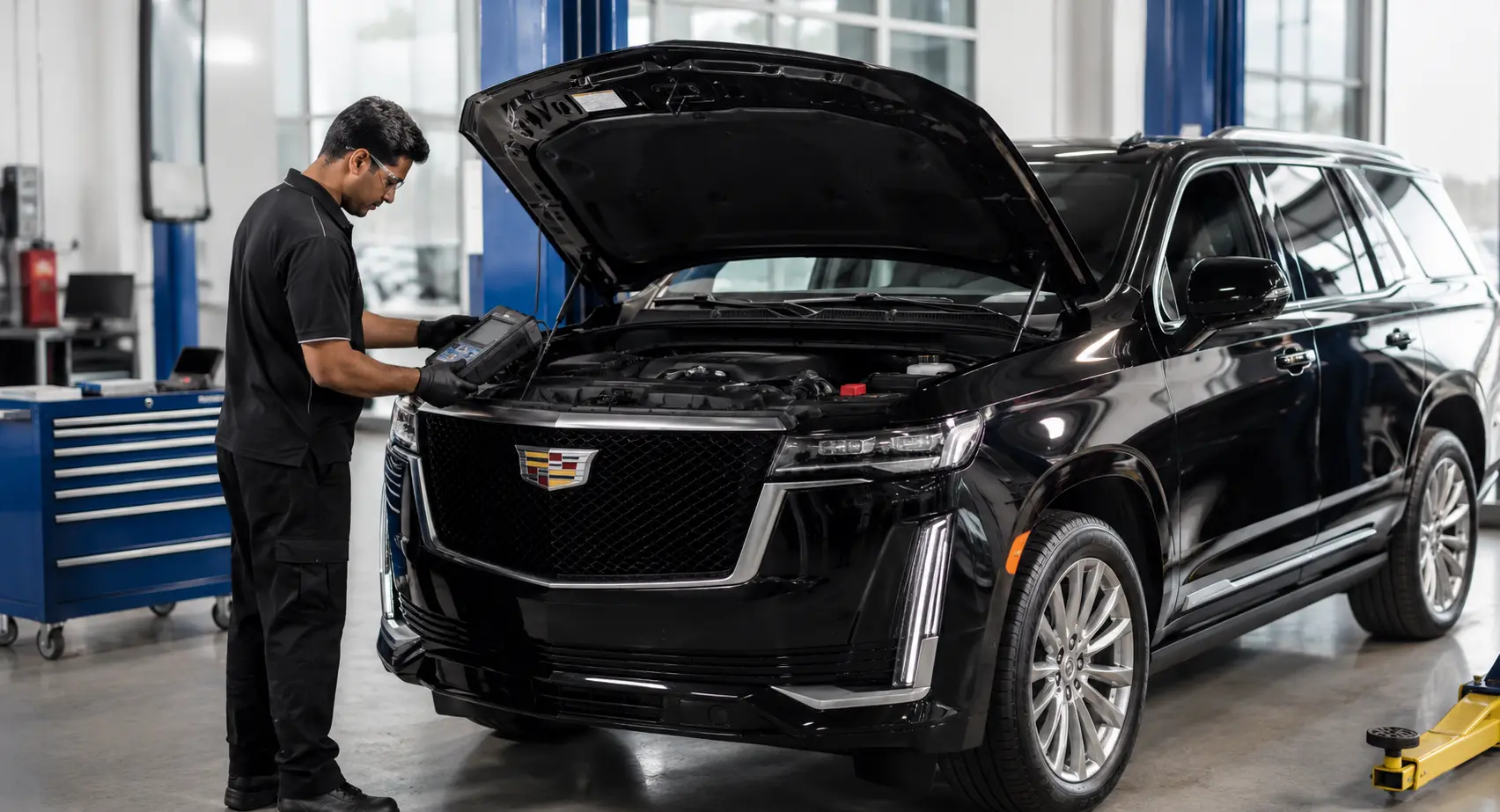 Technician testing the battery system of a black Cadillac SUV in a Dubai workshop