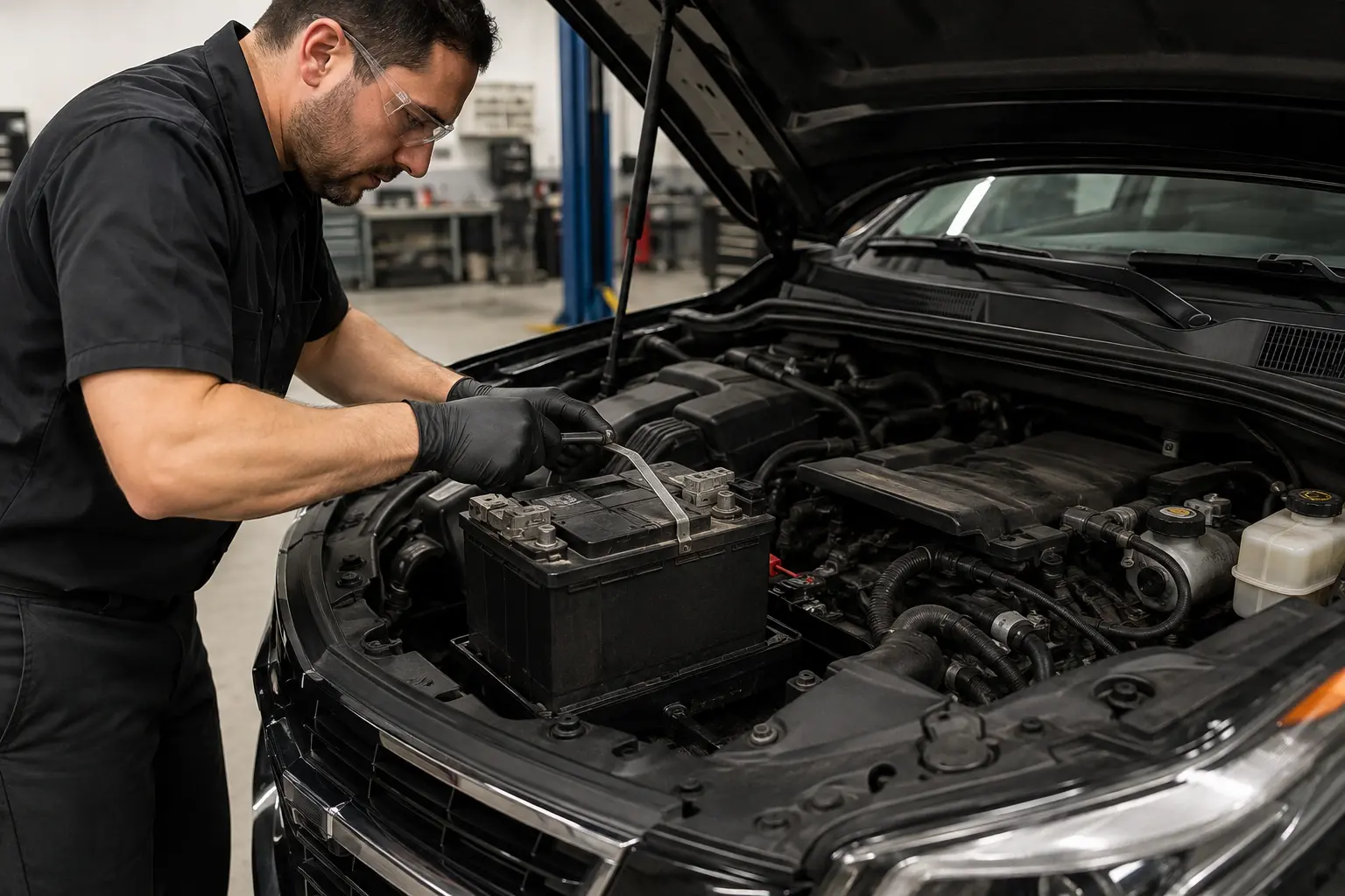 Technician safely releasing a Cadillac starter battery retaining bracket