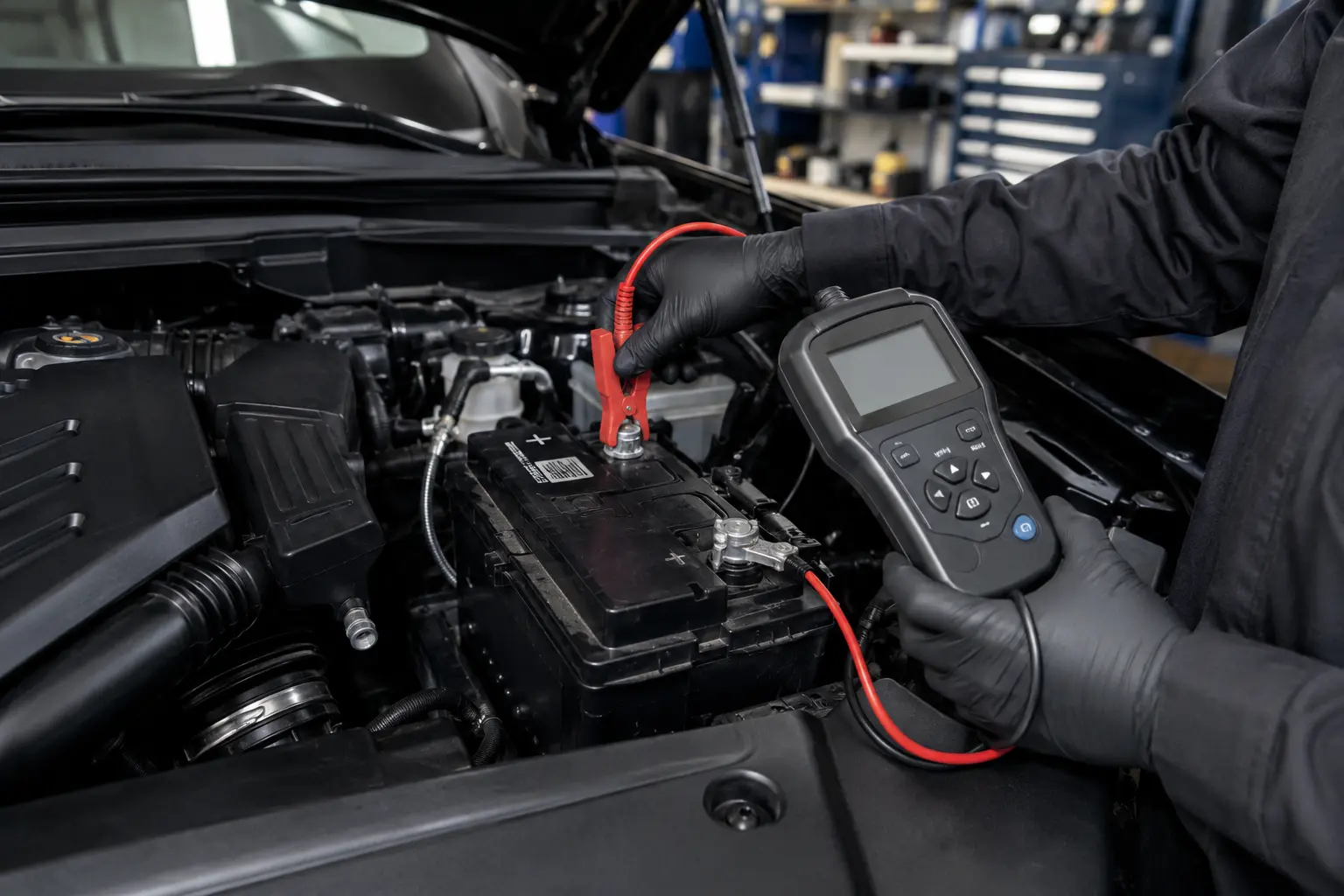 Technician connecting a professional battery tester to a Cadillac battery