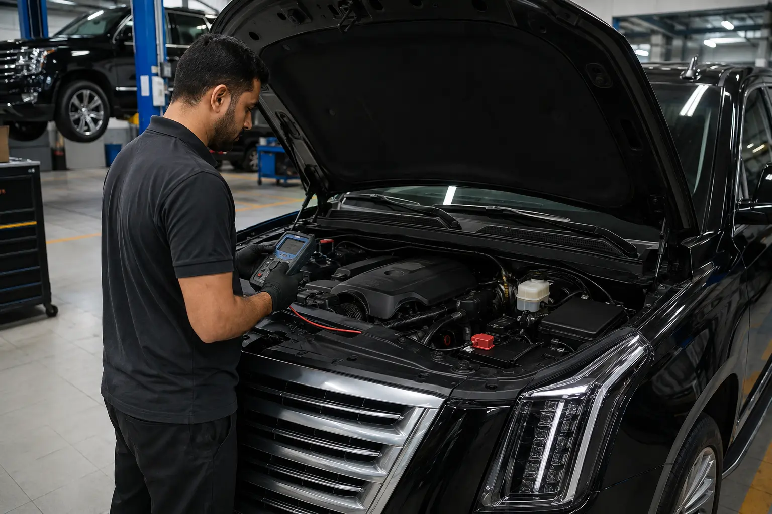 Technician verifying the charging system after Cadillac battery replacement