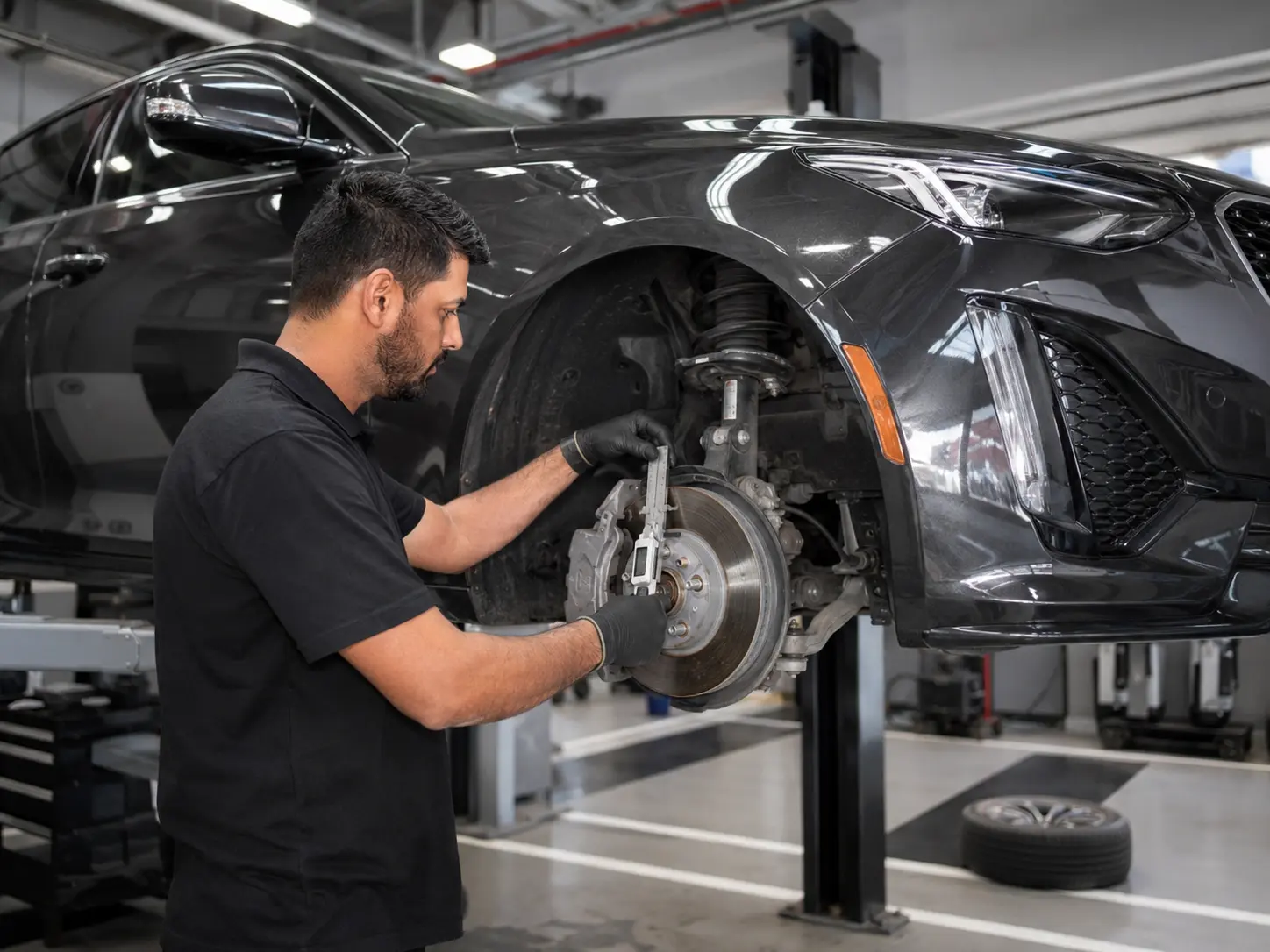Technician inspecting brakes and suspension on a current Cadillac CT5
