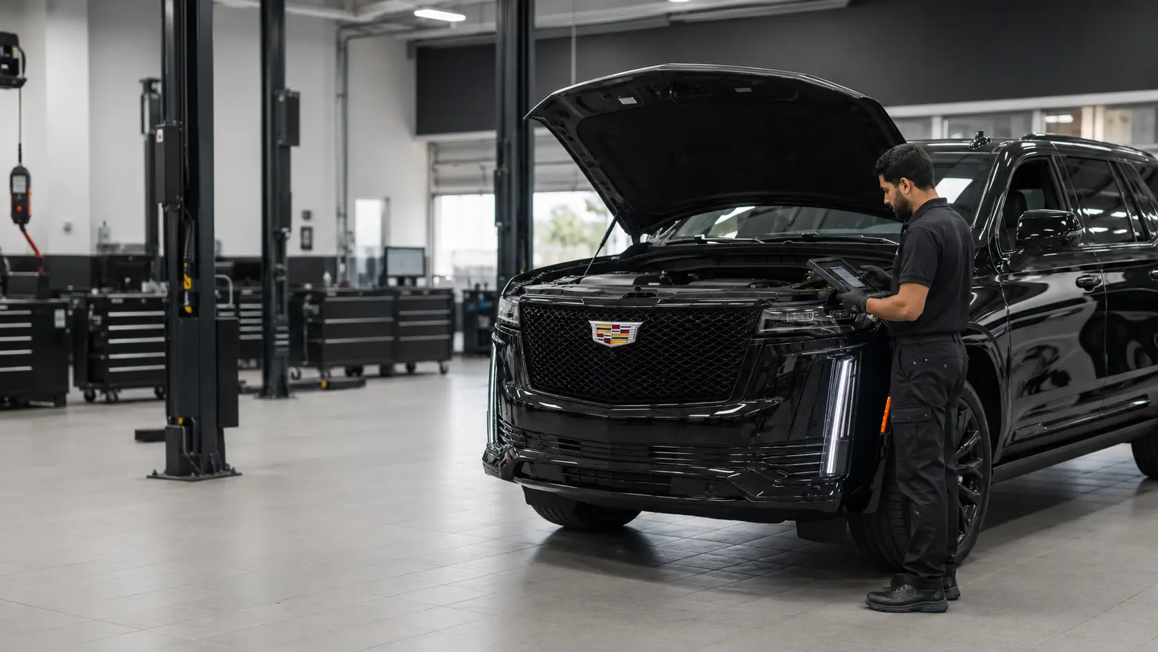 Current Cadillac Escalade at a diagnostic intake in an independent Dubai workshop