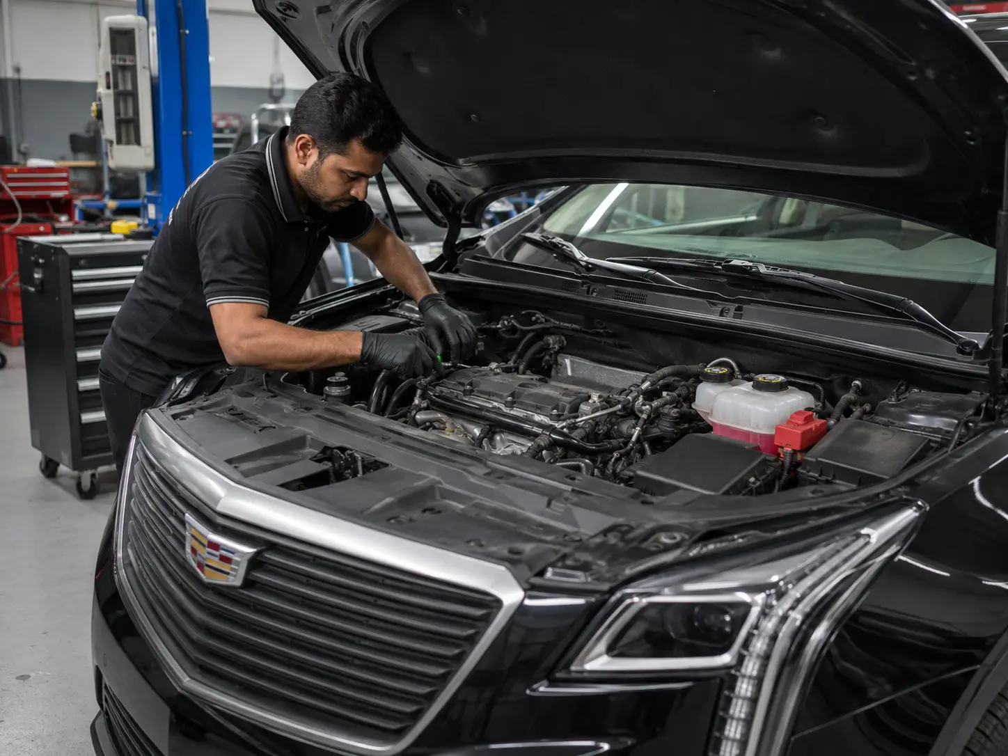 Technician inspecting the engine and cooling area of a current Cadillac XT5
