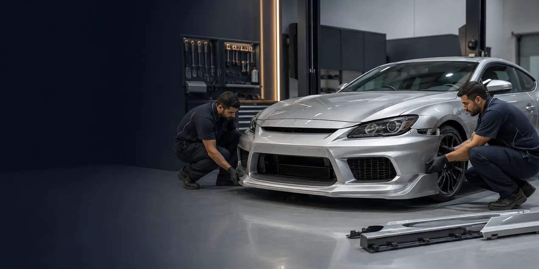 Technicians test fitting a front body kit on a sports coupe in a Dubai workshop