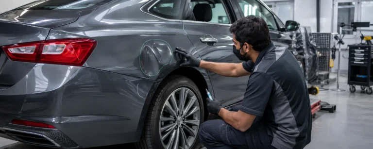 Technician assessing vehicle body damage before repair