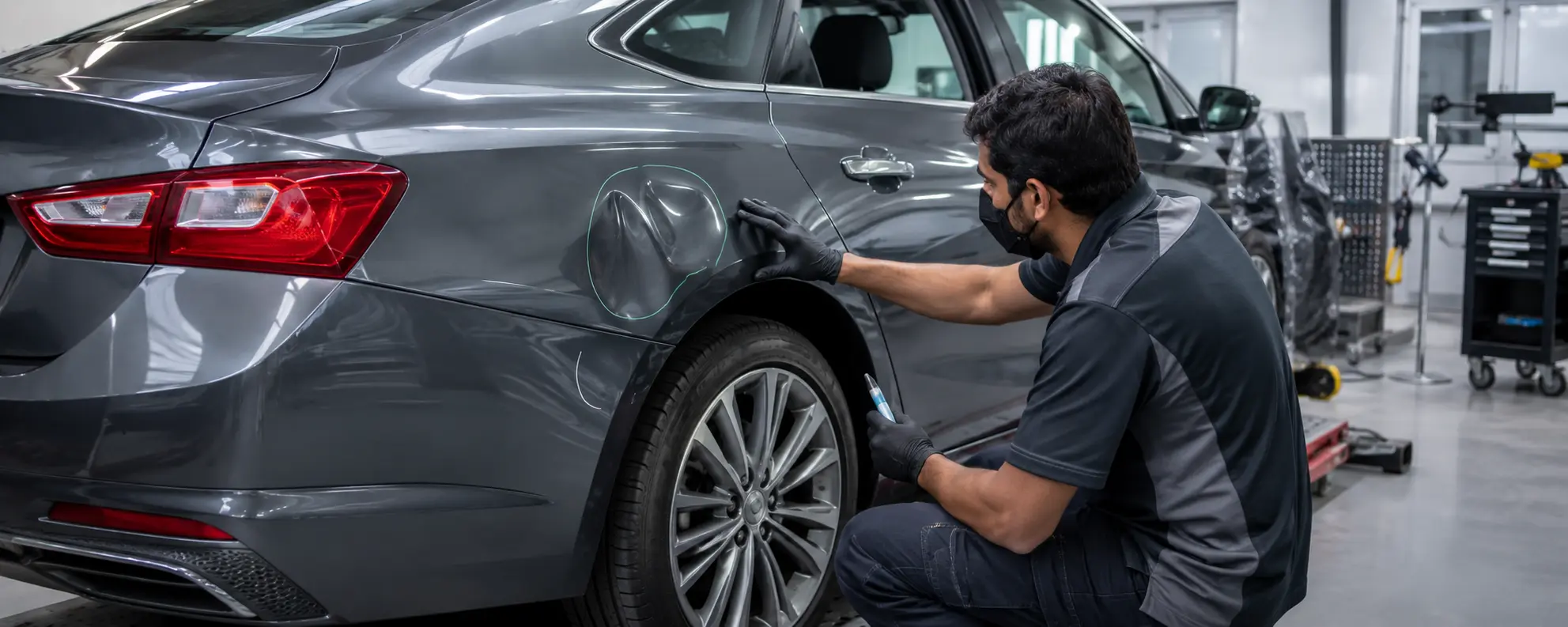 Technician assessing vehicle body damage before repair