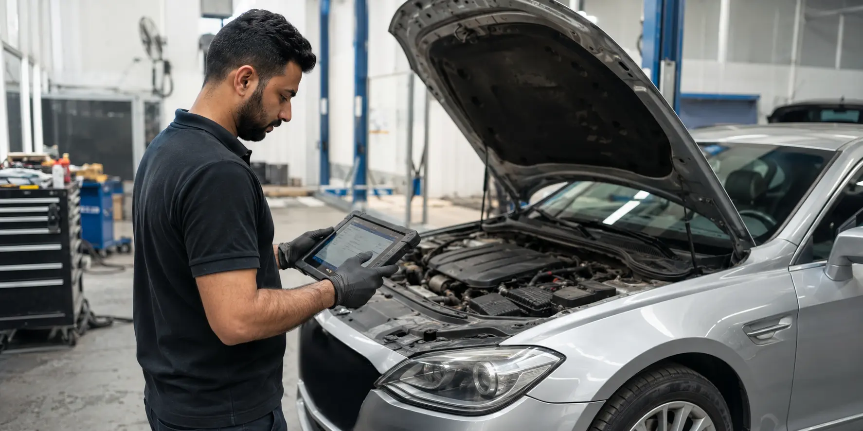 Technician using diagnostic equipment beside a car in a Dubai garage