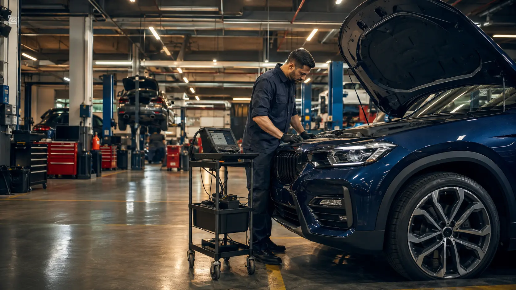 Technician diagnosing a car inside an independent Dubai workshop