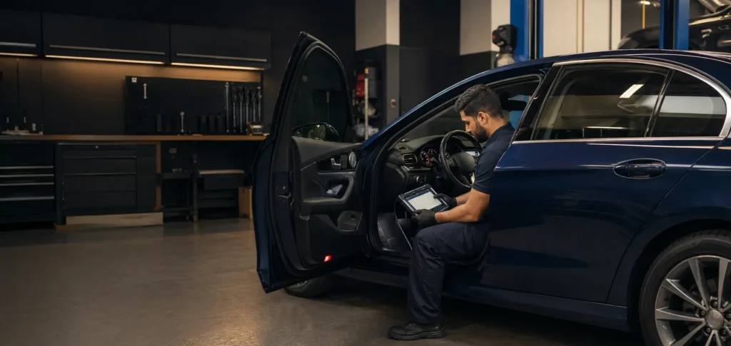 Technician connecting a diagnostic scan tool to a car with a check engine warning in a Dubai workshop