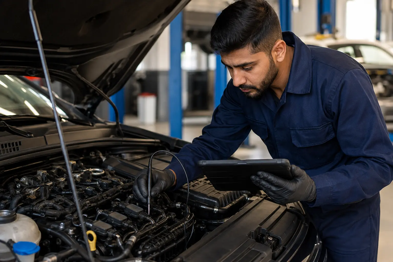 Technician testing ignition components during check engine light diagnosis