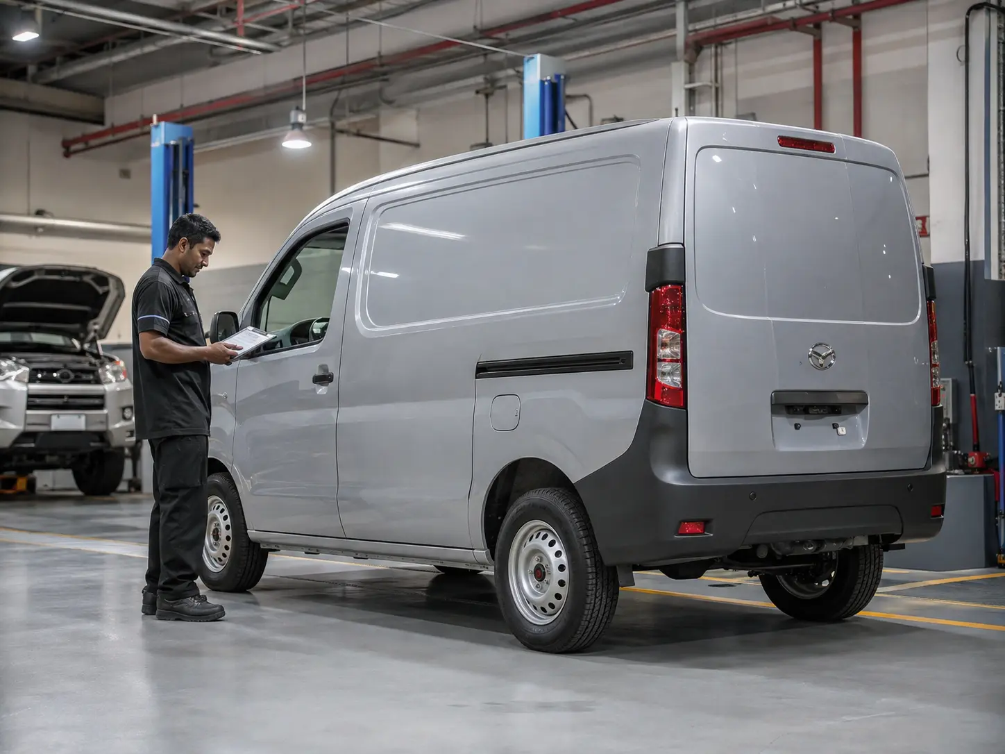 Technician completing a workshop verification on a current Daihatsu Gran Max commercial van