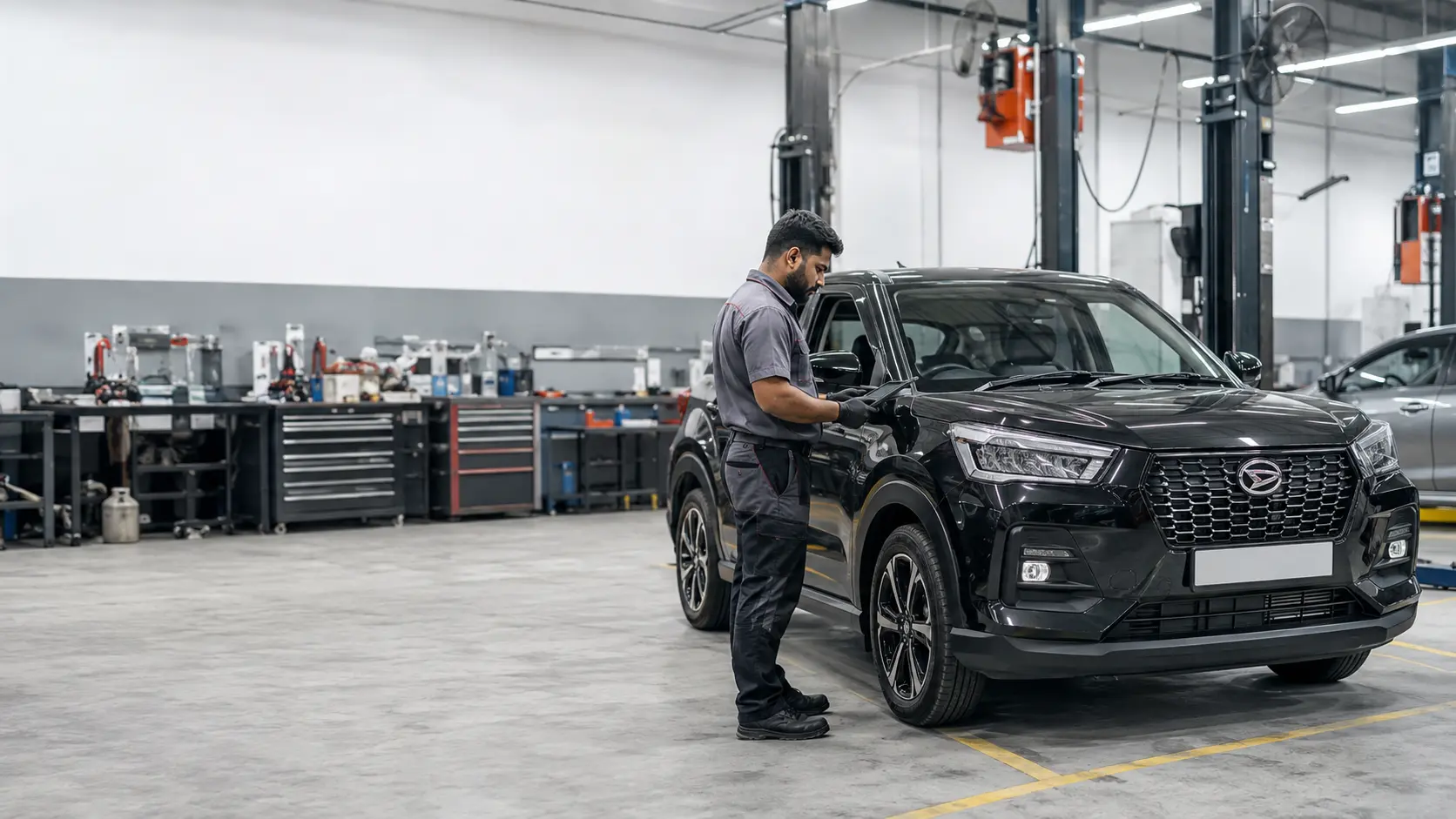 Current Daihatsu Rocky at an independent workshop intake in Dubai
