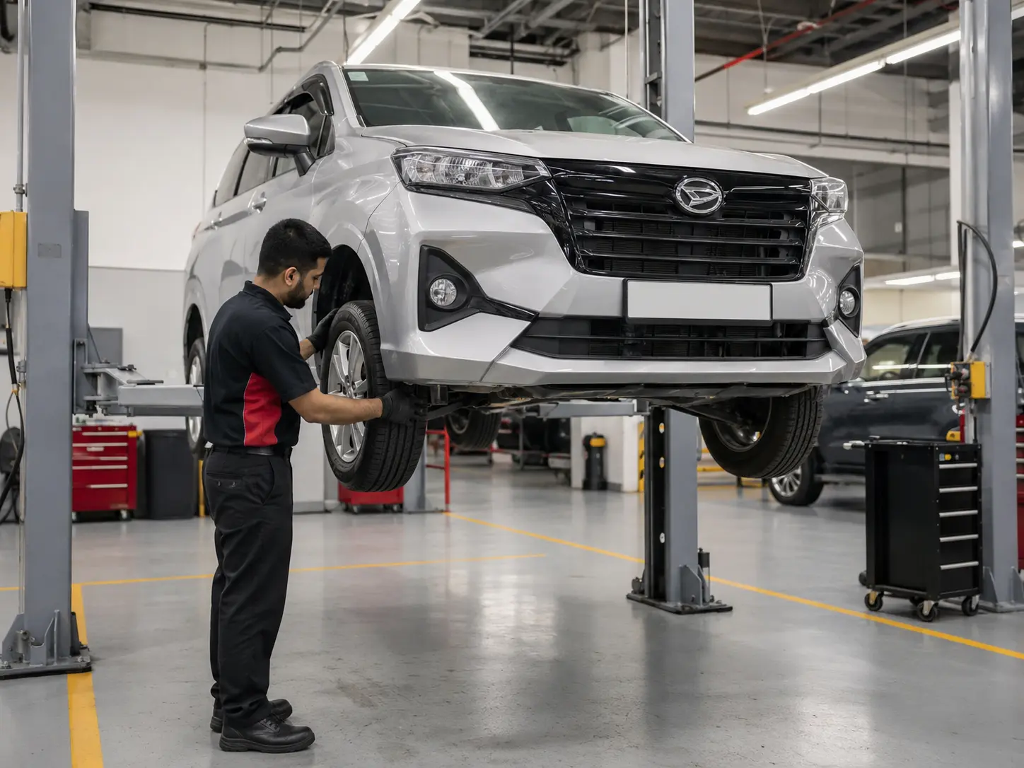 Technician inspecting brakes and suspension on a current-generation Daihatsu MPV in a workshop