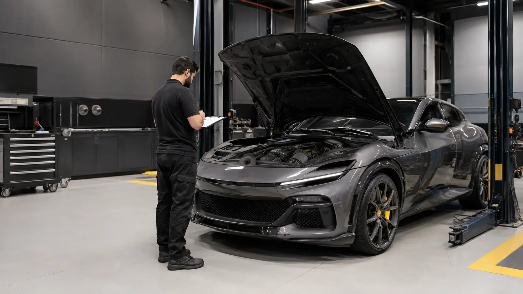 Current Ferrari Purosangue arriving for an independent workshop assessment in Dubai