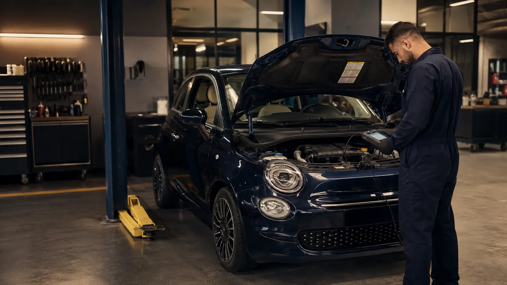Blue Fiat 500 beside a technician in a workshop