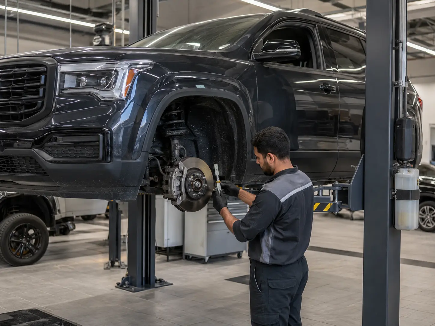 Technician inspecting brakes and suspension on a current GMC Acadia in a workshop