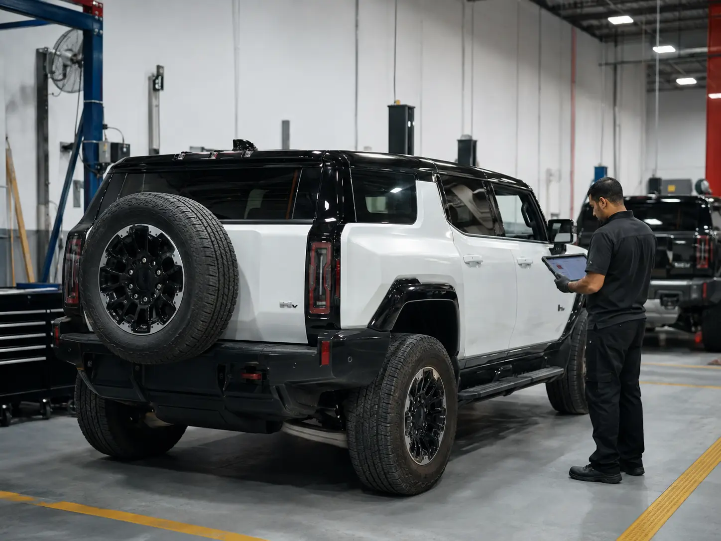 Technician performing a low-voltage systems verification on a current GMC Hummer EV without energized high-voltage repair