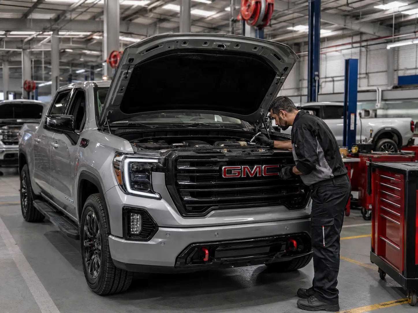 Technician inspecting engine and cooling components on a current GMC Sierra in a large workshop bay