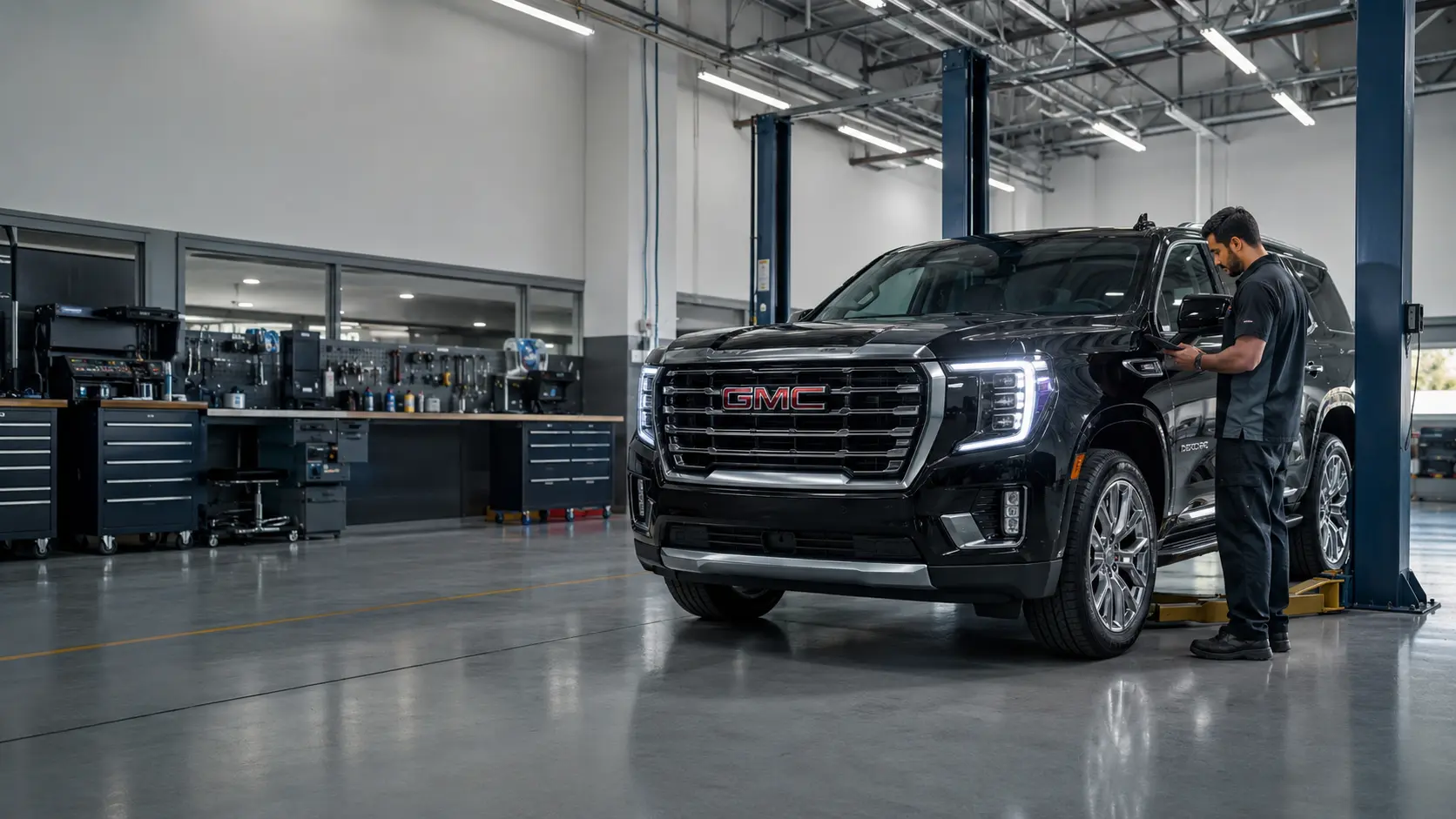 Current GMC Yukon arriving for an independent workshop intake in Dubai