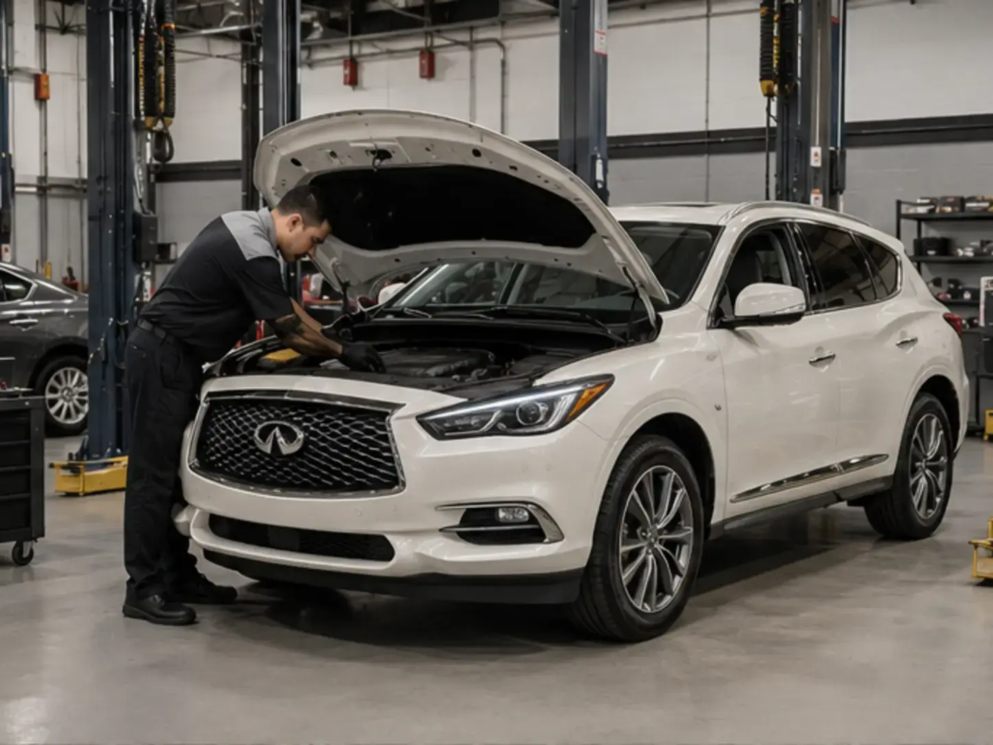 Technician beside an Infiniti QX60 with the hood open