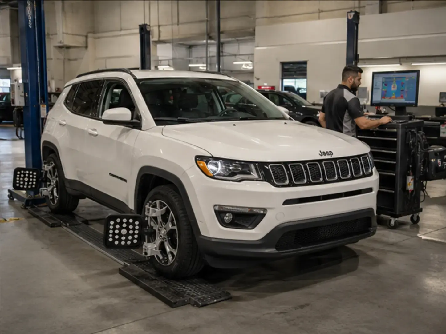 Technician completing alignment and diagnostic verification on a late-model Jeep Compass