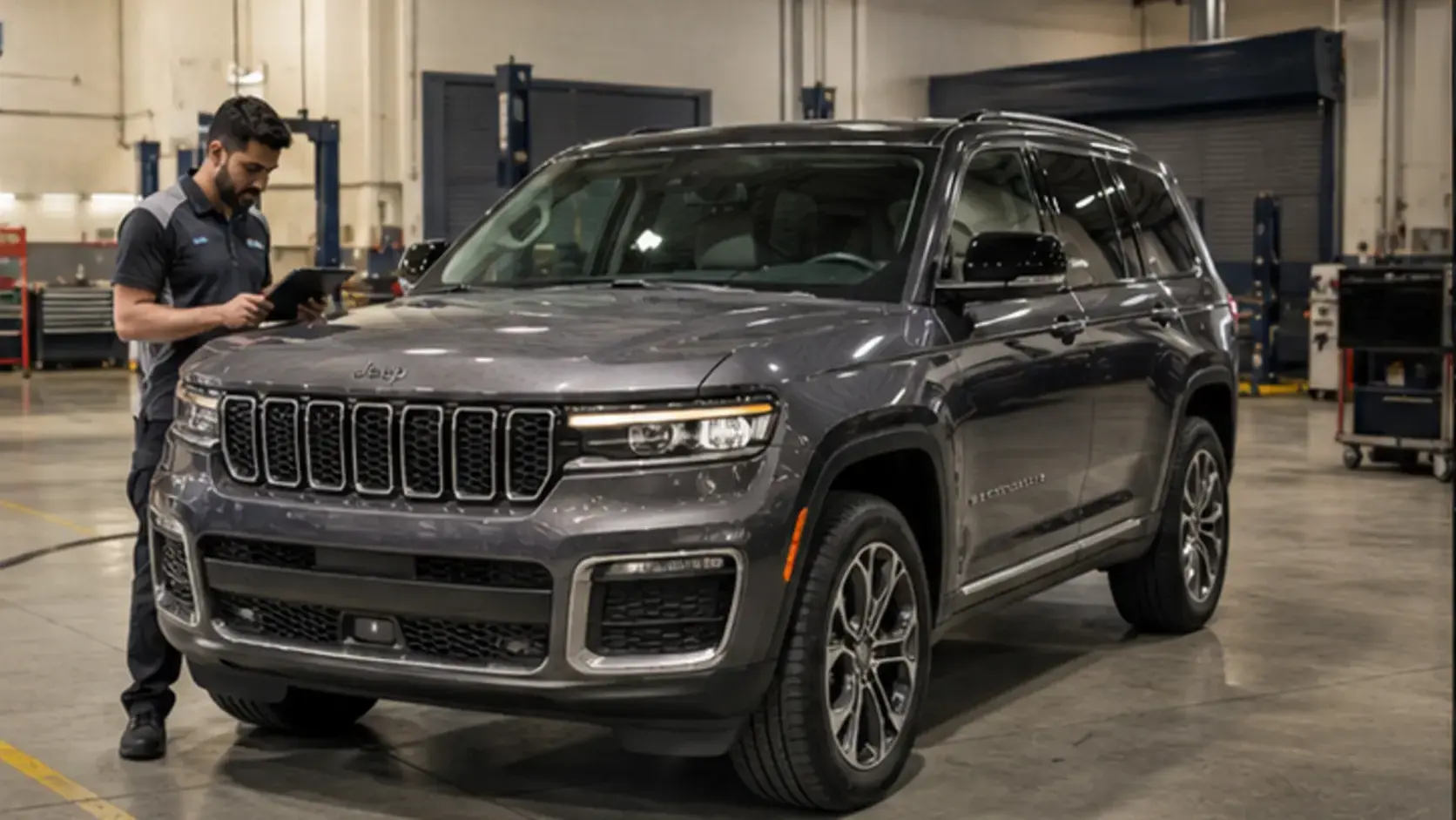 Current Jeep Grand Cherokee L at an independent workshop intake in Dubai