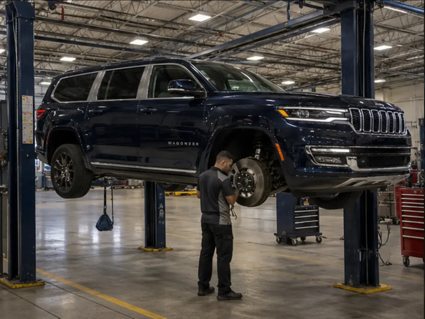 Technician inspecting brakes suspension and tyres on a current Jeep Wagoneer in a suitable workshop bay