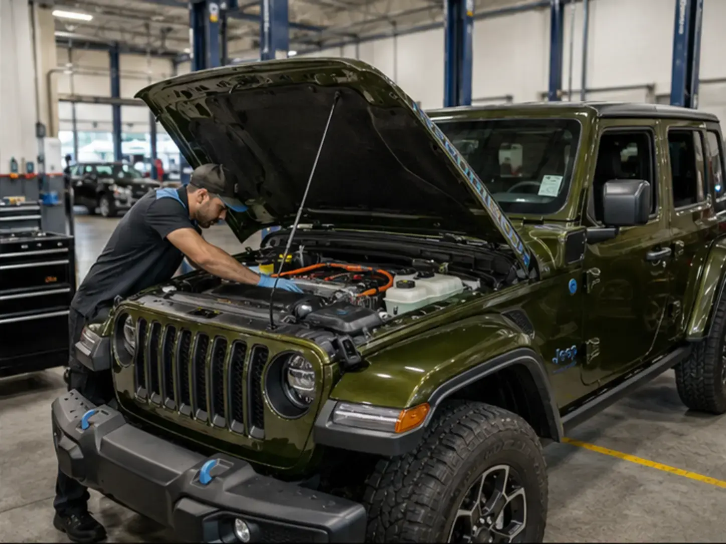 Technician inspecting cooling and visible low-voltage components on a current Jeep Wrangler 4xe without energized high-voltage work