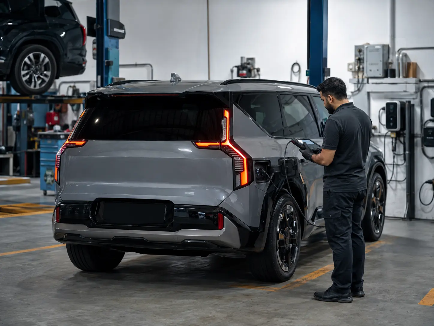 Kia EV9 beside diagnostic equipment