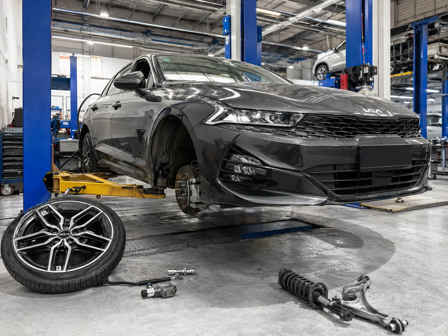 Kia K5 brake and suspension inspection on a workshop lift
