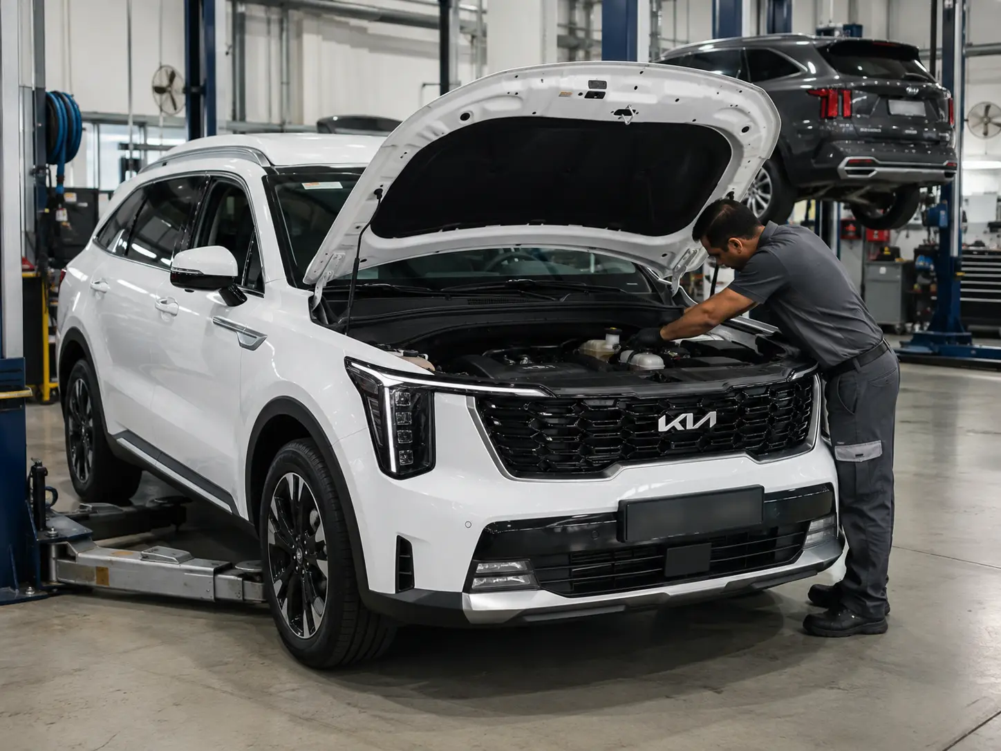 Technician inspecting a Kia Sorento engine bay