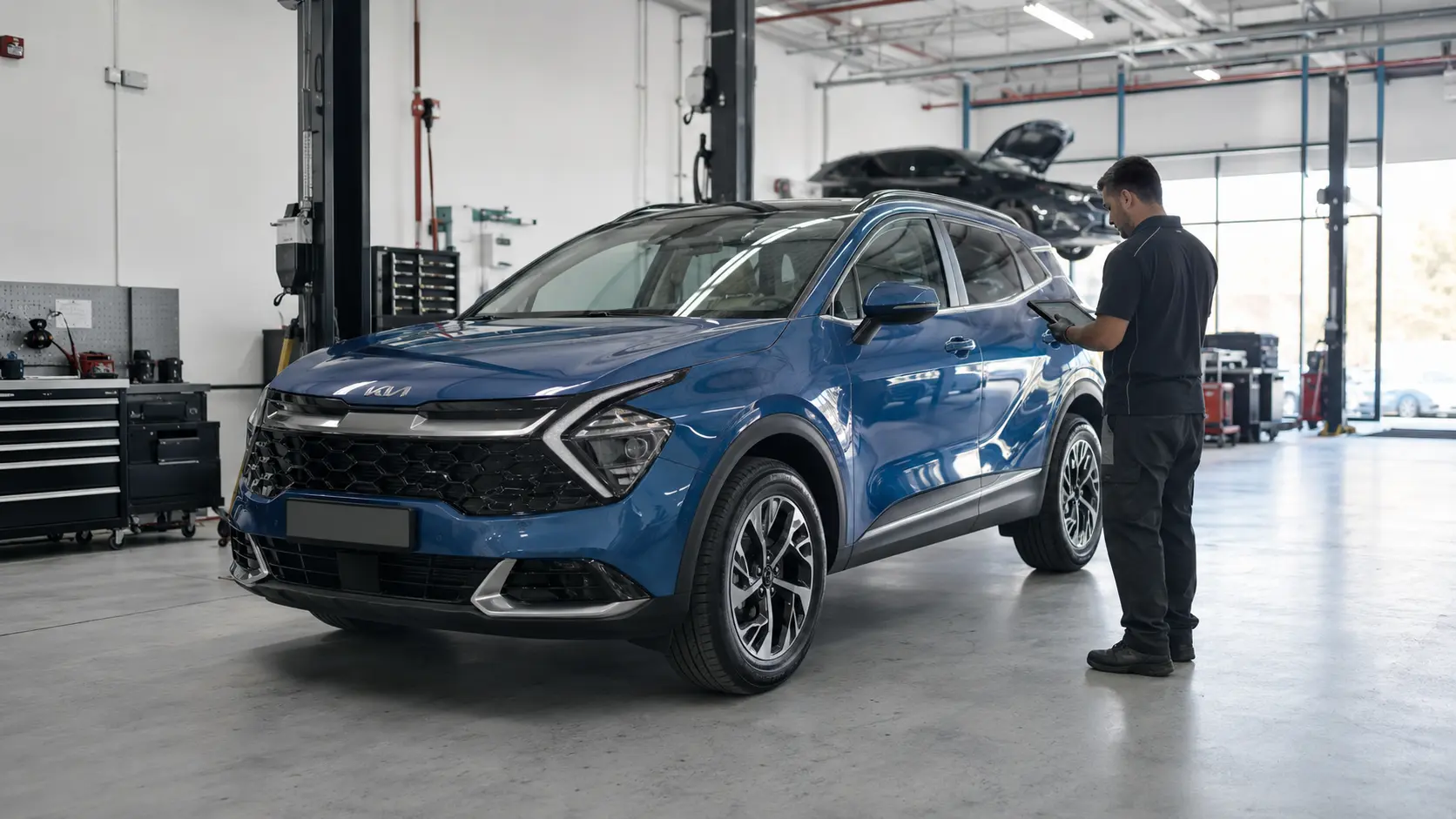 Kia Sportage beside a technician holding diagnostic equipment