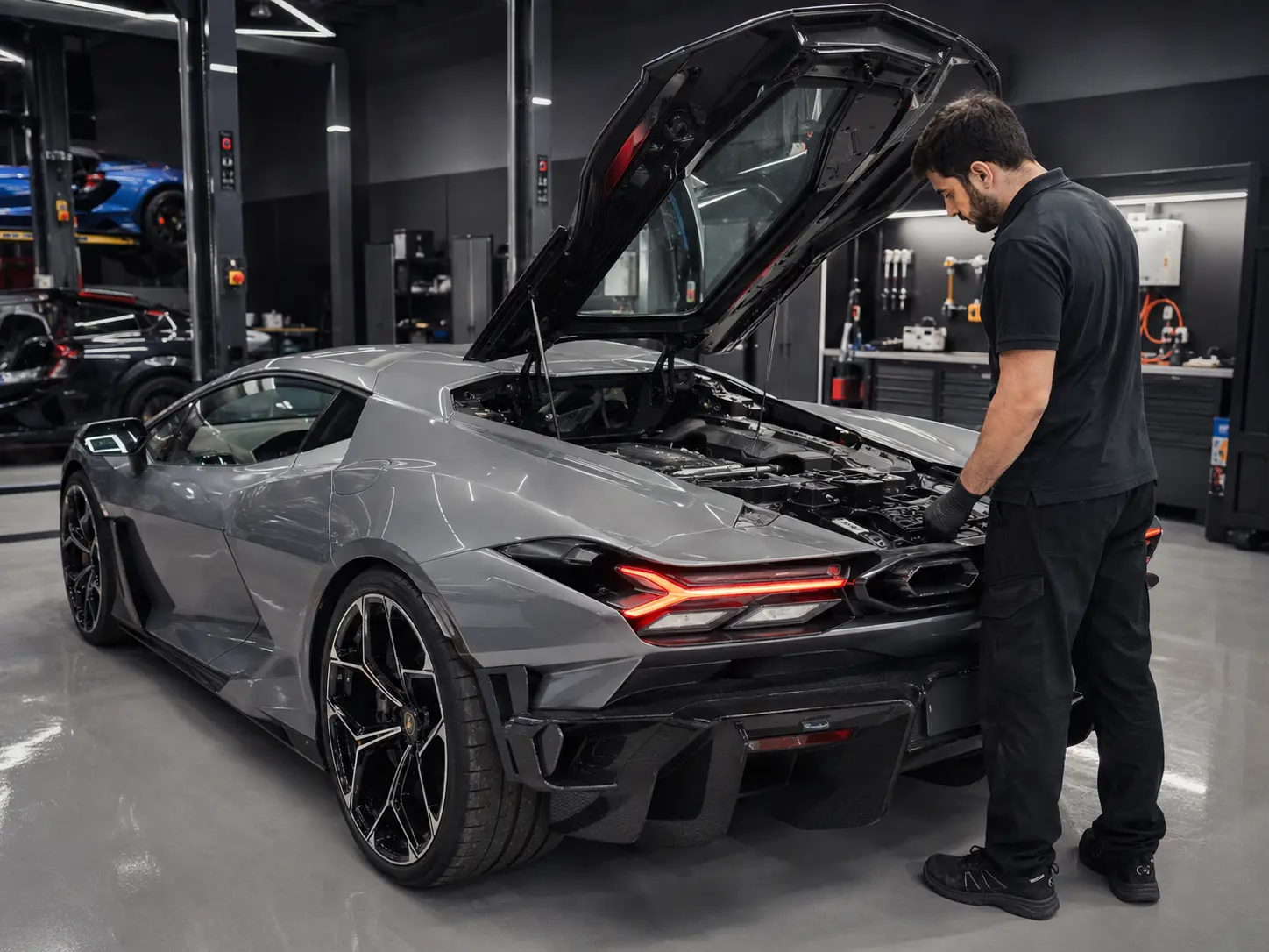 Lamborghini Revuelto engine and hybrid system service-area inspection