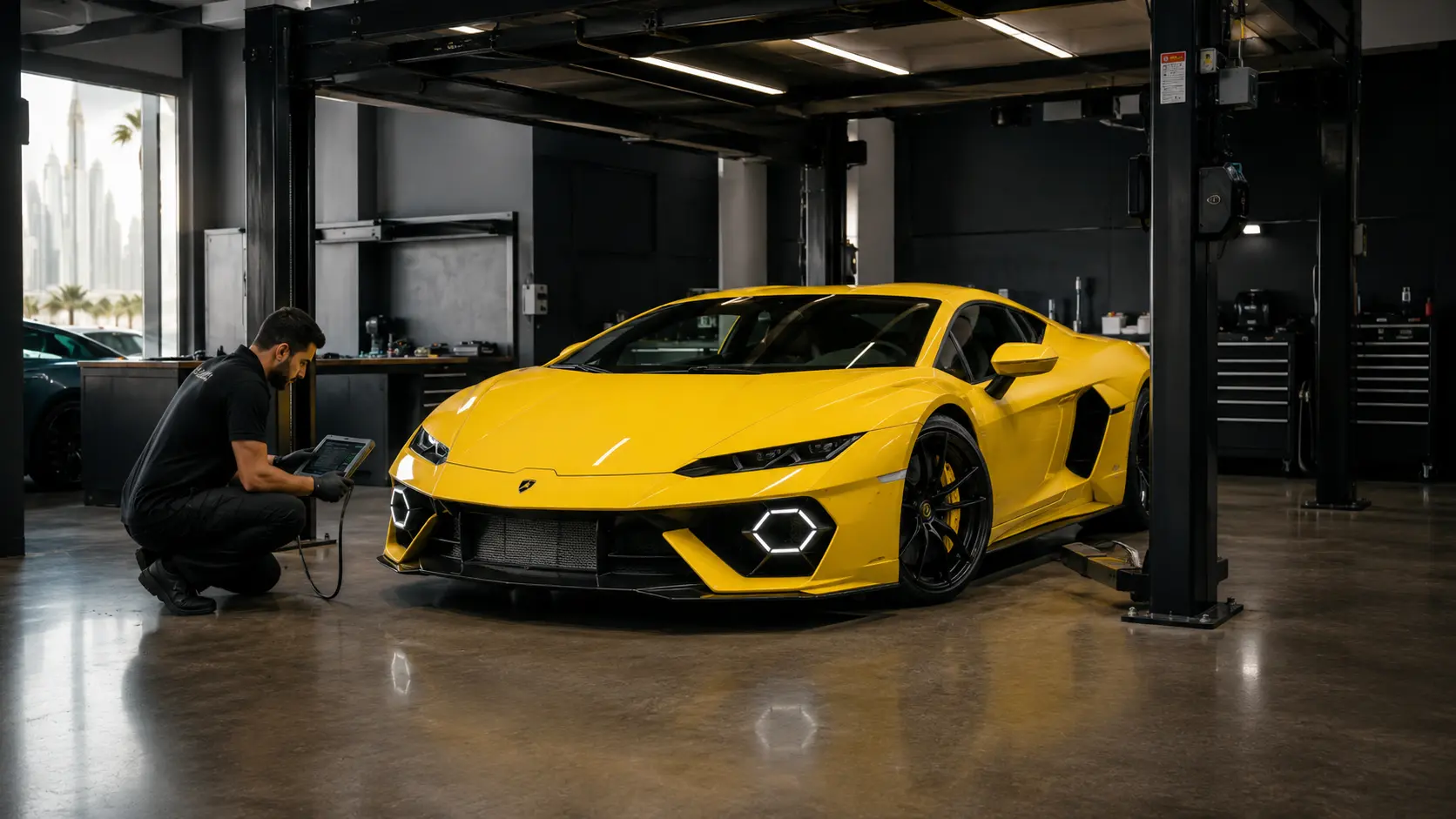 Recent Lamborghini Temerario receiving a low-clearance diagnostic inspection