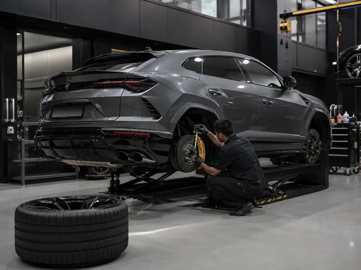 Lamborghini Urus brake and tyre inspection on a low-rise lift
