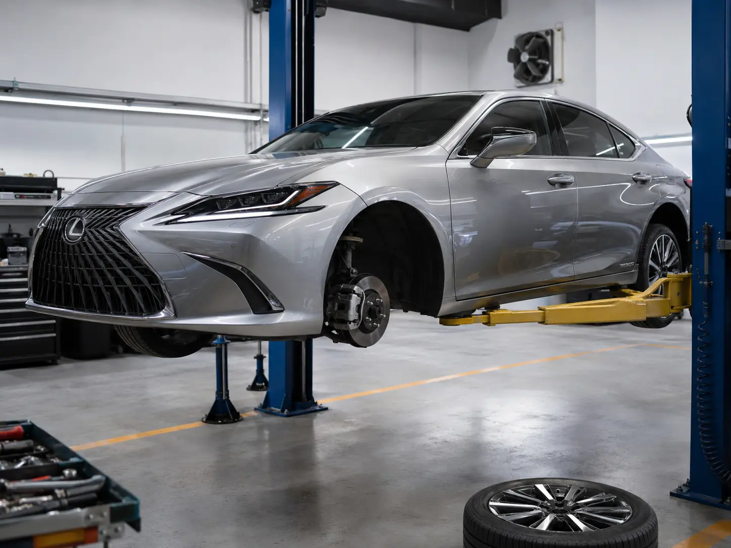Lexus ES brake and suspension inspection on a workshop lift