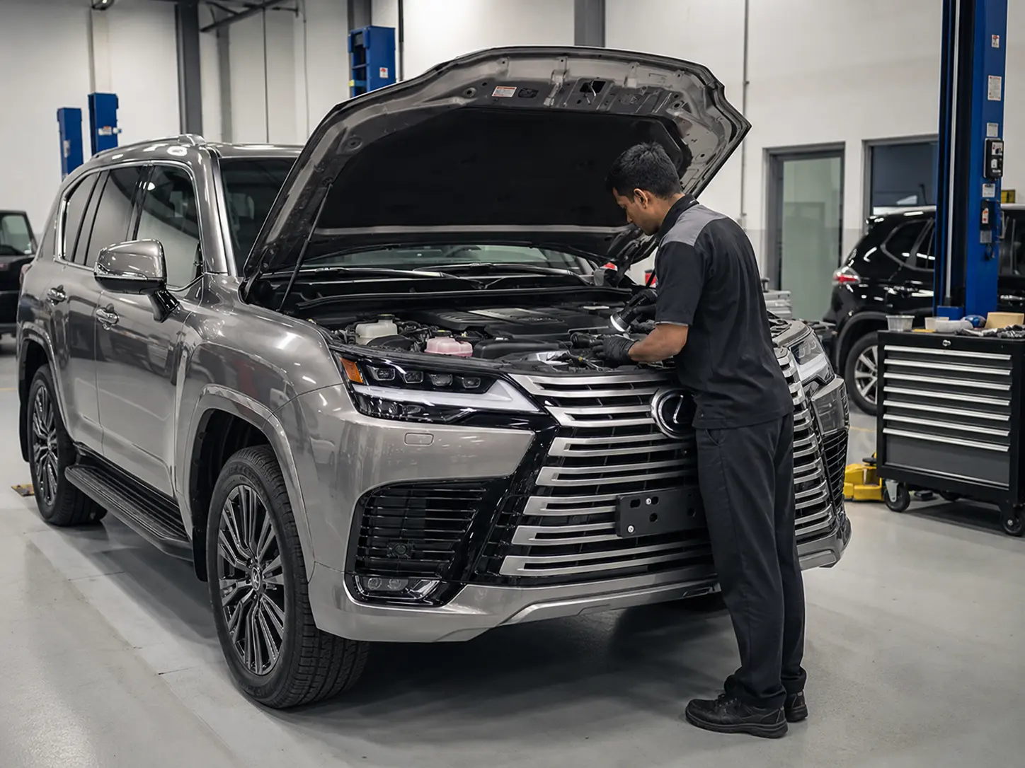 2026 Lexus LX hybrid engine bay and cooling-area inspection