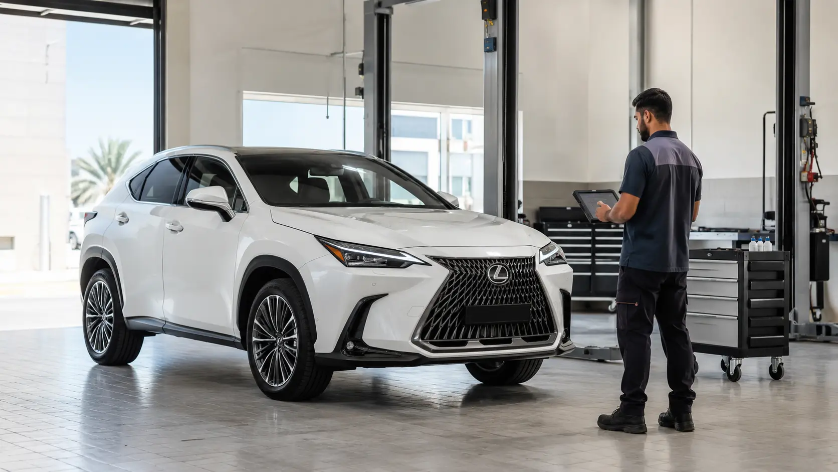 2026 Lexus NX receiving a diagnostic inspection in a Dubai workshop