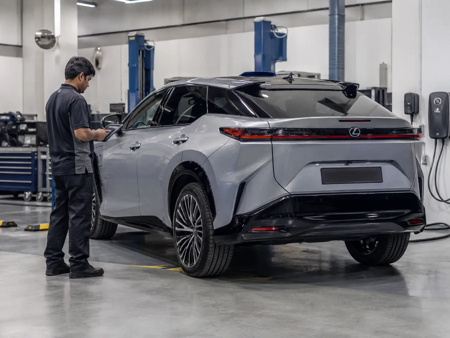 2026 Lexus RZ electric vehicle final diagnostic scan in a workshop