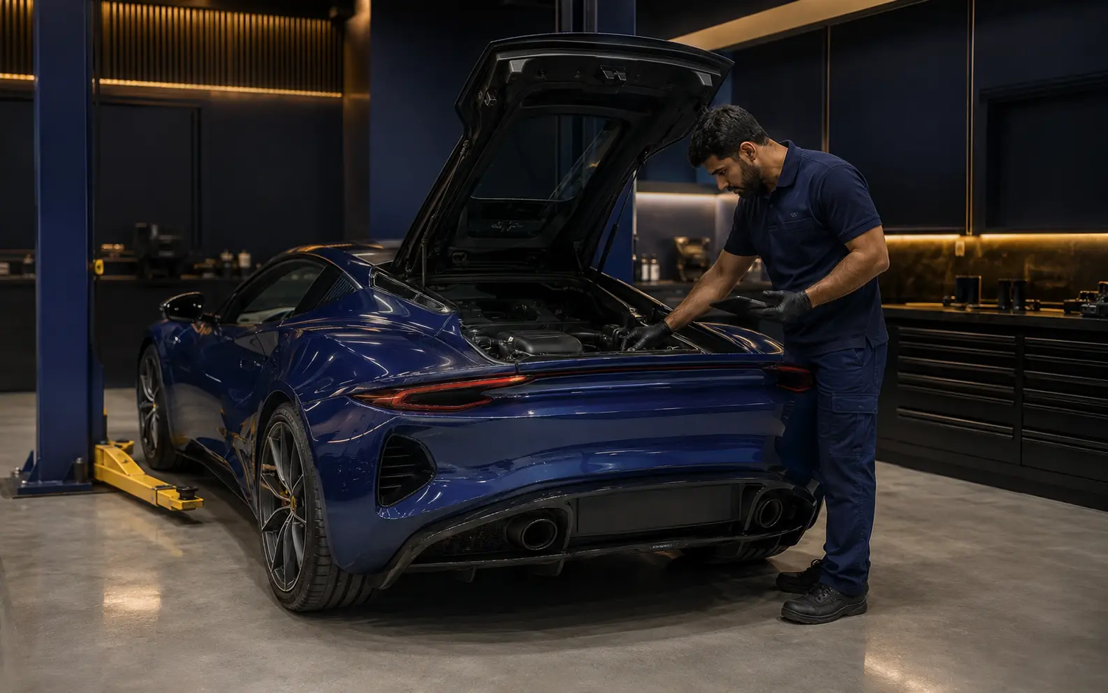 Technician inspecting the engine bay of a current Lotus Emira