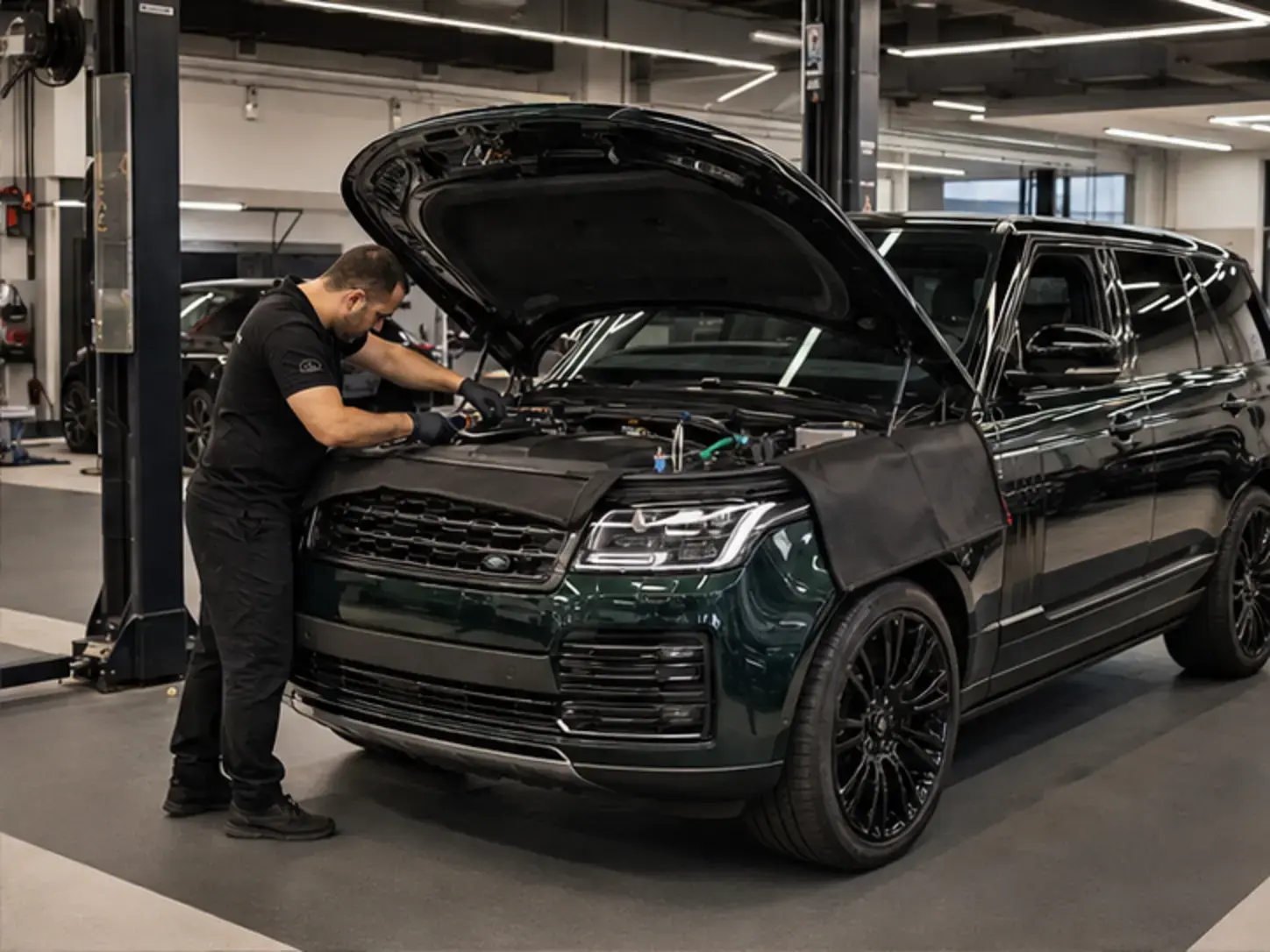 Technician inspecting engine and cooling components on a modern Range Rover with protective workshop covers
